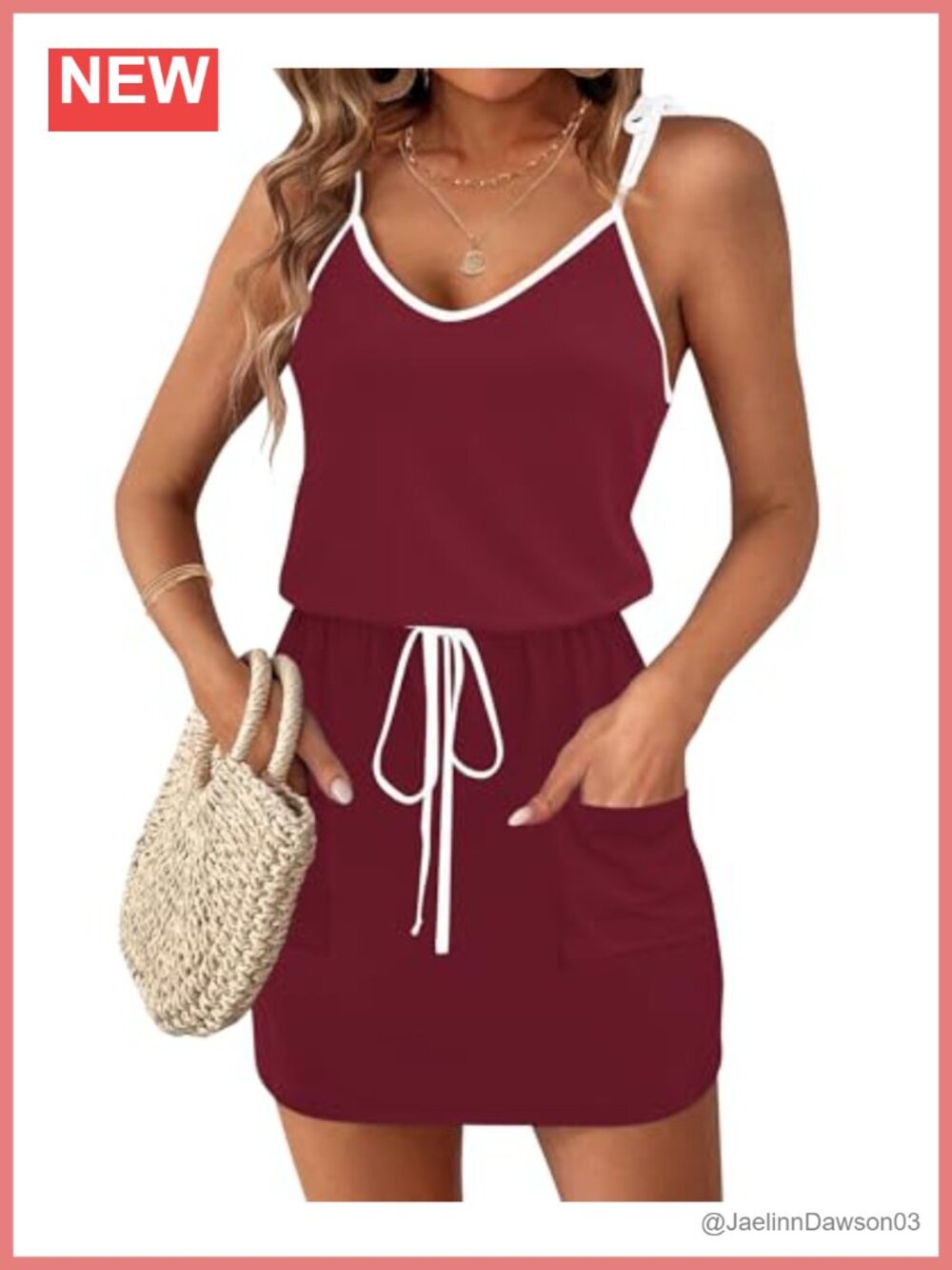AUSELILY Spaghetti Strap Mini Dress Summer Drawstring Waist Sundress